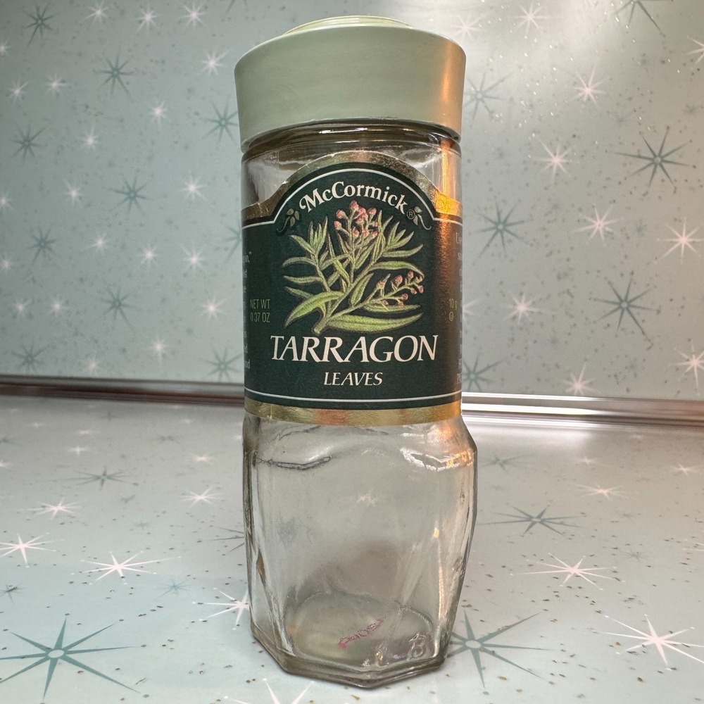 Vintage McCormick Tarragon Leaves Jar Green and Lid Label Glass Spice Bottle‎